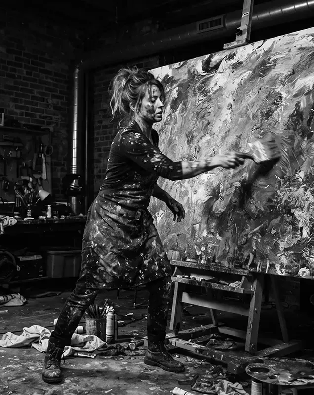Female artist painting large canvas in workshop